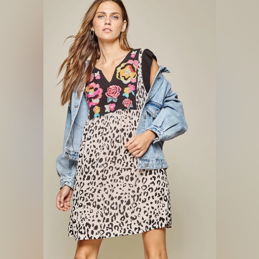 Savanna Jane Floral Embroidered Leopard Print Dress
